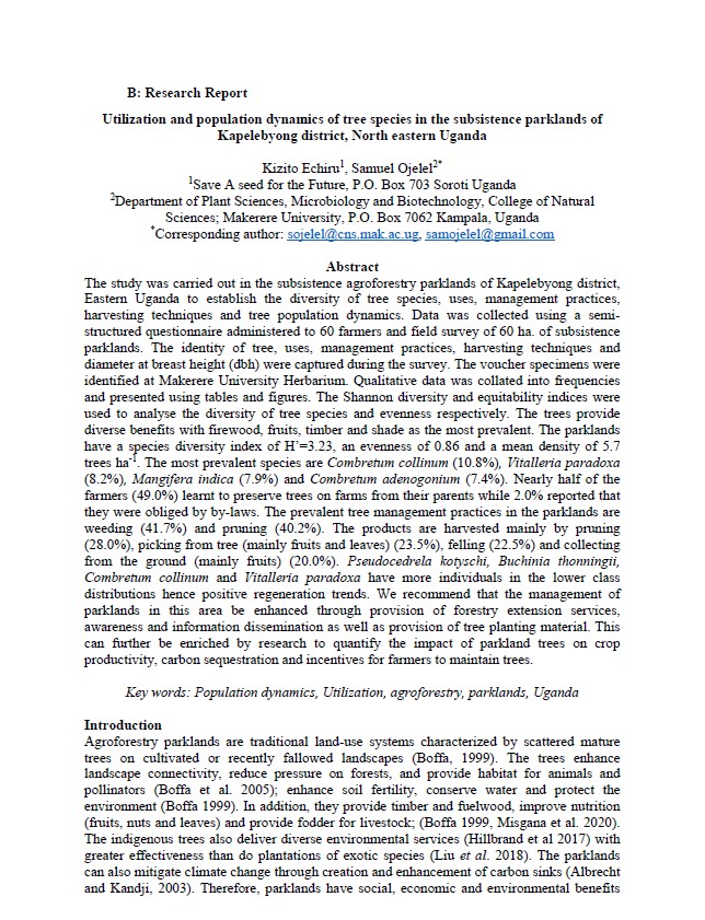 Utilization and population dynamics of tree species in the subsistence parklands of Kapelebyong district, North eastern Uganda